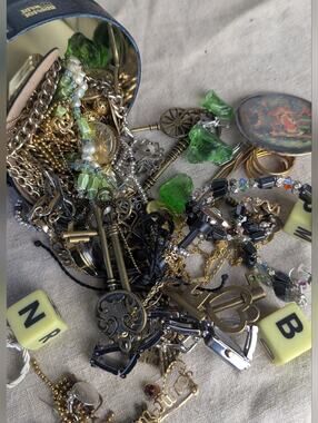 Curated  Mystery Jewelry Tin Vintage Keys, Watch Lot, Green Glass, Wearable Mix